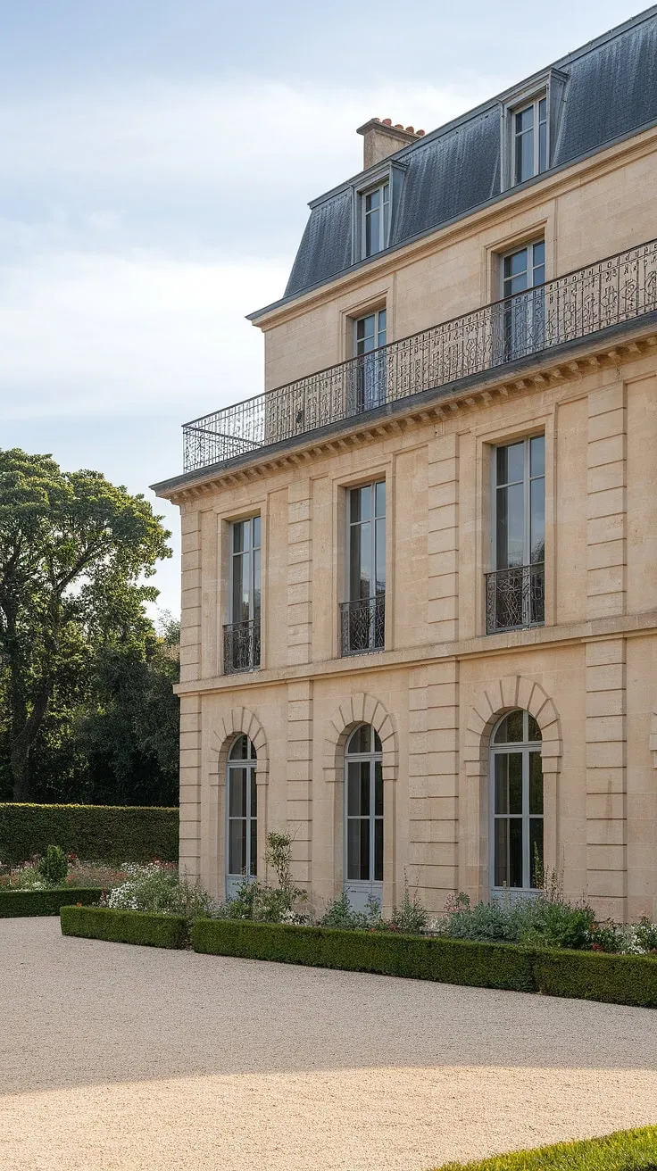 A classic French stone mansion stands proudly, its arched windows and iron balconies overlooking a meticulously landscaped garden under a bright sky