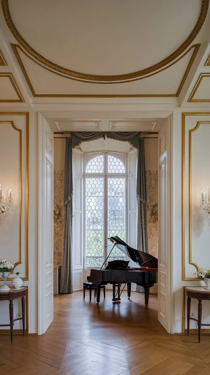 Elegant French mansion interiors feature high ceilings, classic architecture, a grand piano, and ornate window details.