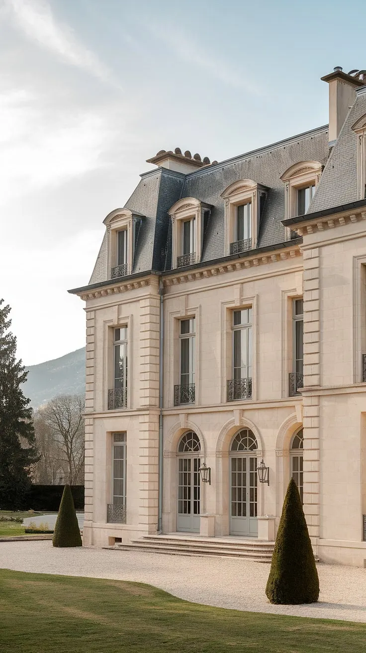 A majestic French stone mansion, complete with arched windows and ornate detailing, sits proudly against a backdrop of mountains and a clear sky.