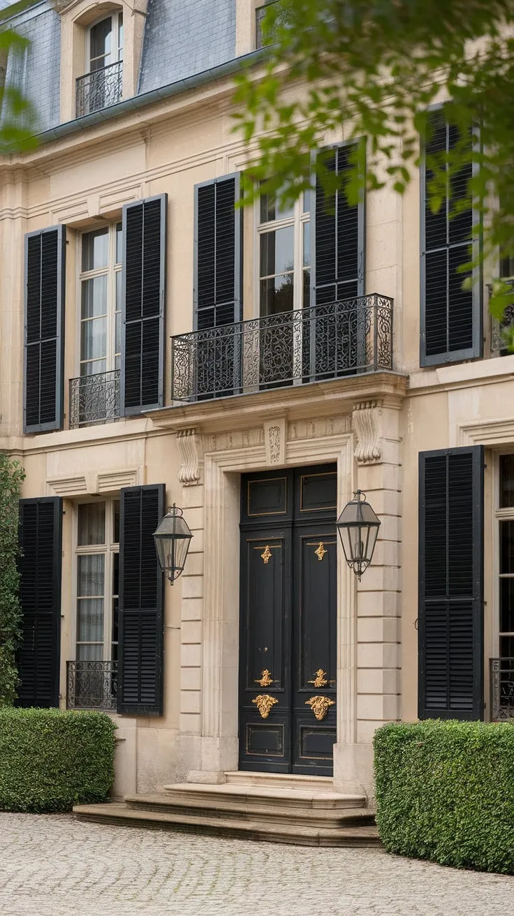 A majestic beige French mansion, accented with black shutters and gold detailing, stands proudly amidst lush greenery on a cobblestone path.