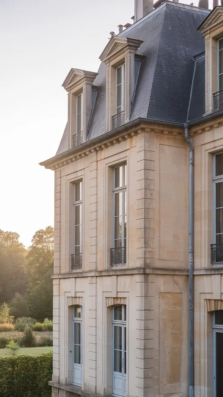 A majestic French stone mansion, its classic architecture framed by tranquil greenery, stands as a testament to timeless elegance.
