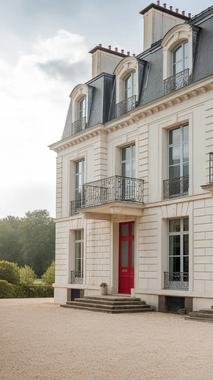 A stately white French mansion boasts classic details, a striking red door, and lush landscaping.