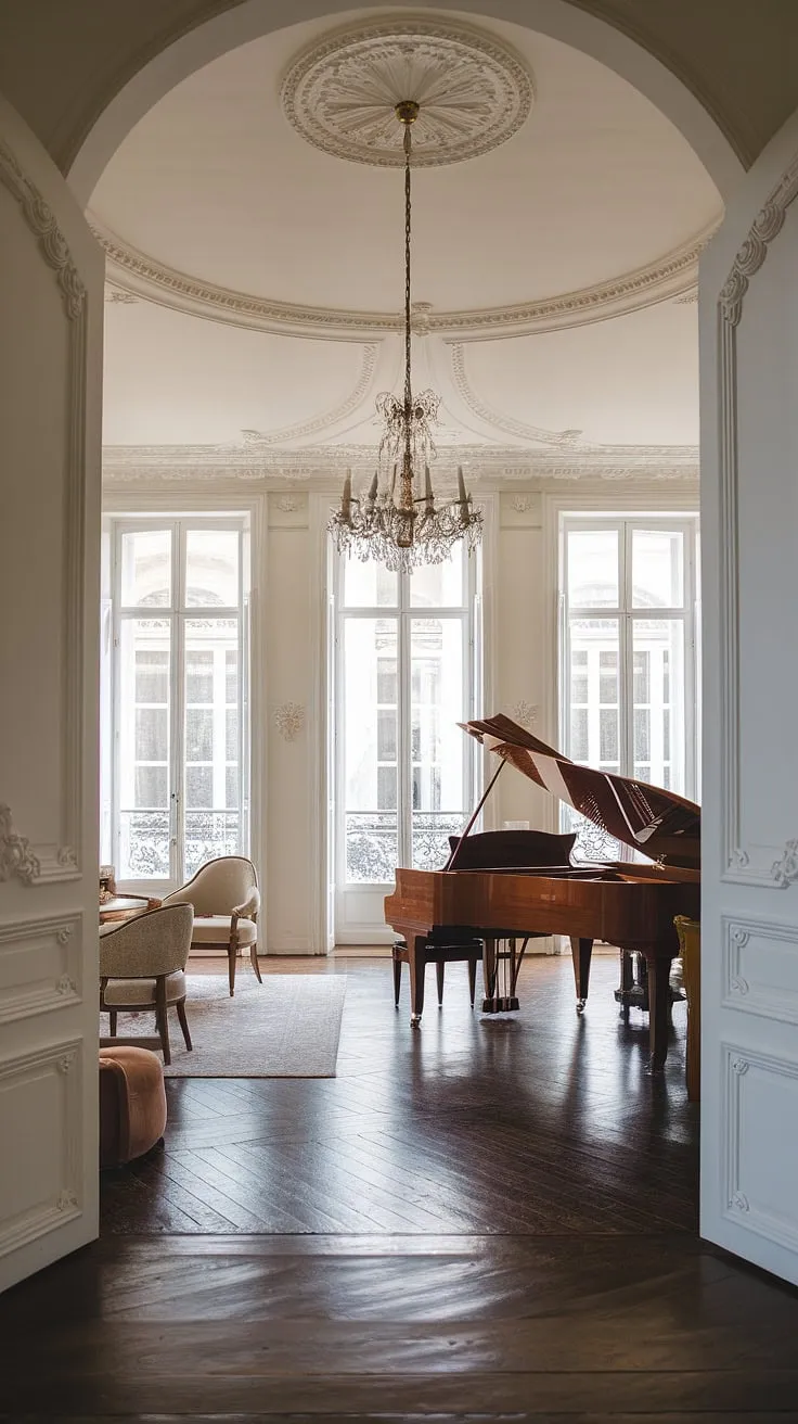 Sunlight streams through large windows illuminating a grand French chateau interior, complete with high ceilings, ornate moldings, a chandelier, and a grand piano.