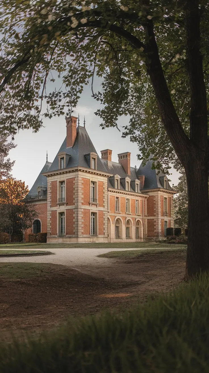 A majestic French château, captured from below, showcases its imposing brickwork and classic towers amidst a verdant landscape