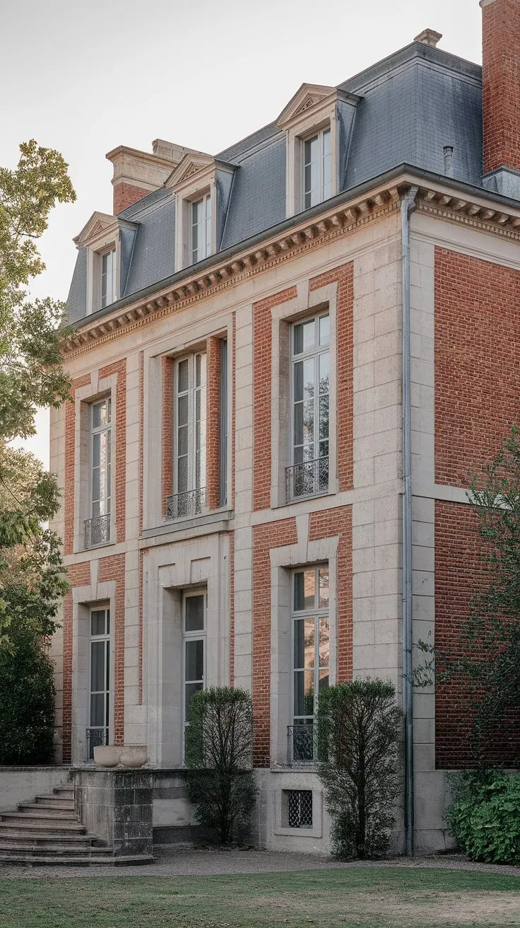 Elegant French architecture is showcased in a photo of a red brick mansion, its tall windows and multiple entrances hinting at grandeur within