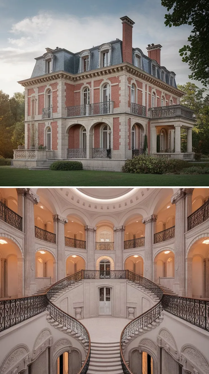 A luxurious French mansion, boasting red brick, classic arches, and opulent interiors, sits majestically amidst lush greenery.