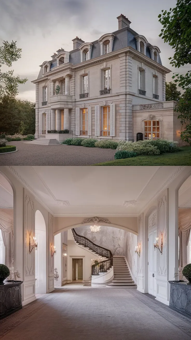 Elegant French architecture and opulent interiors define this luxurious mansion.