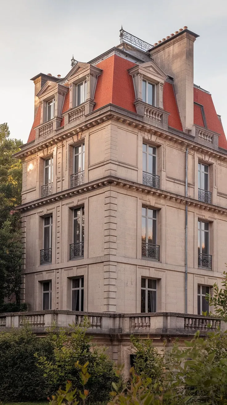 A majestic French stone mansion, its red roof and intricate detailing highlighted by surrounding greenery, stands as a testament to classic architecture.