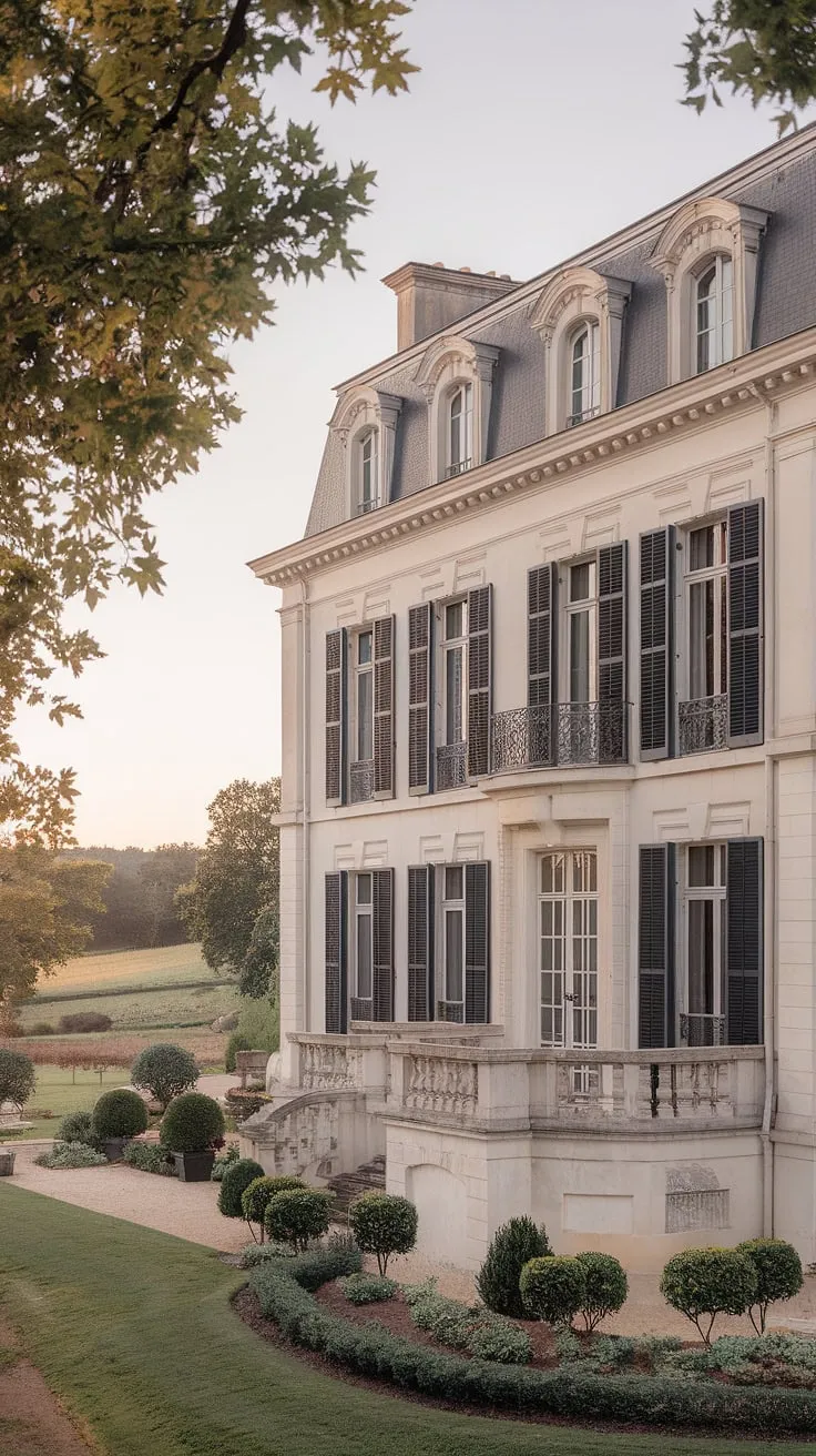 Elegant French architecture defines this stately mansion, nestled in a tranquil countryside setting