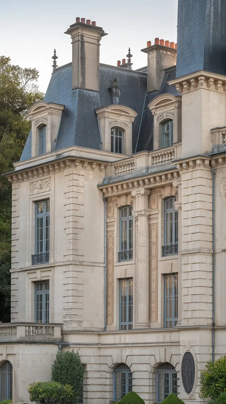 A luxurious French chateau stands majestically, its classic design highlighted by ornate details and verdant surroundings