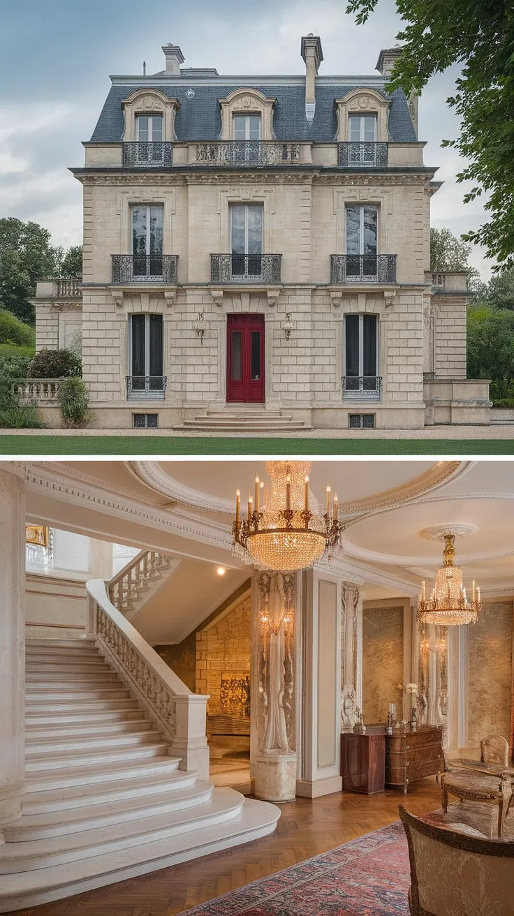 A beige stone French mansion, boasting multiple balconies and a red door, reveals opulent interiors of marble, chandeliers, and rich wood furnishings.