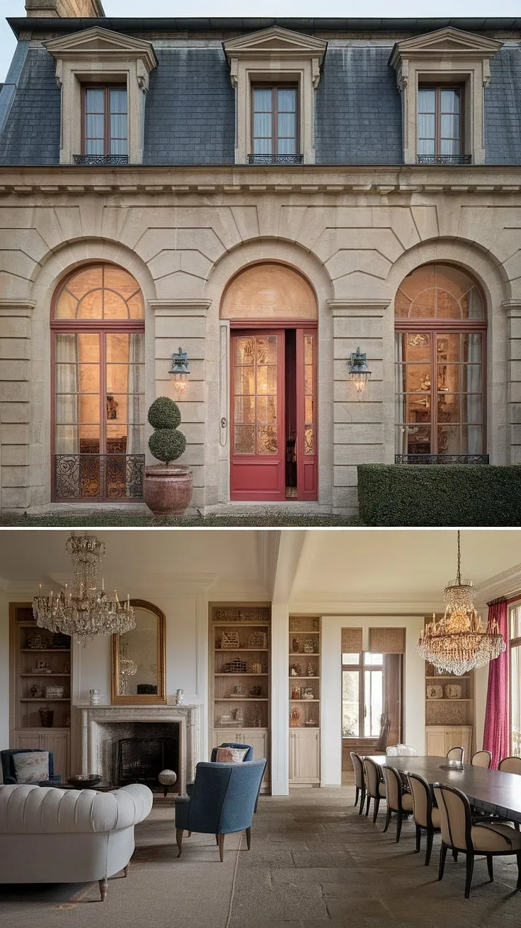 Elegant French mansion exudes timeless charm with its stone architecture and lavish interior