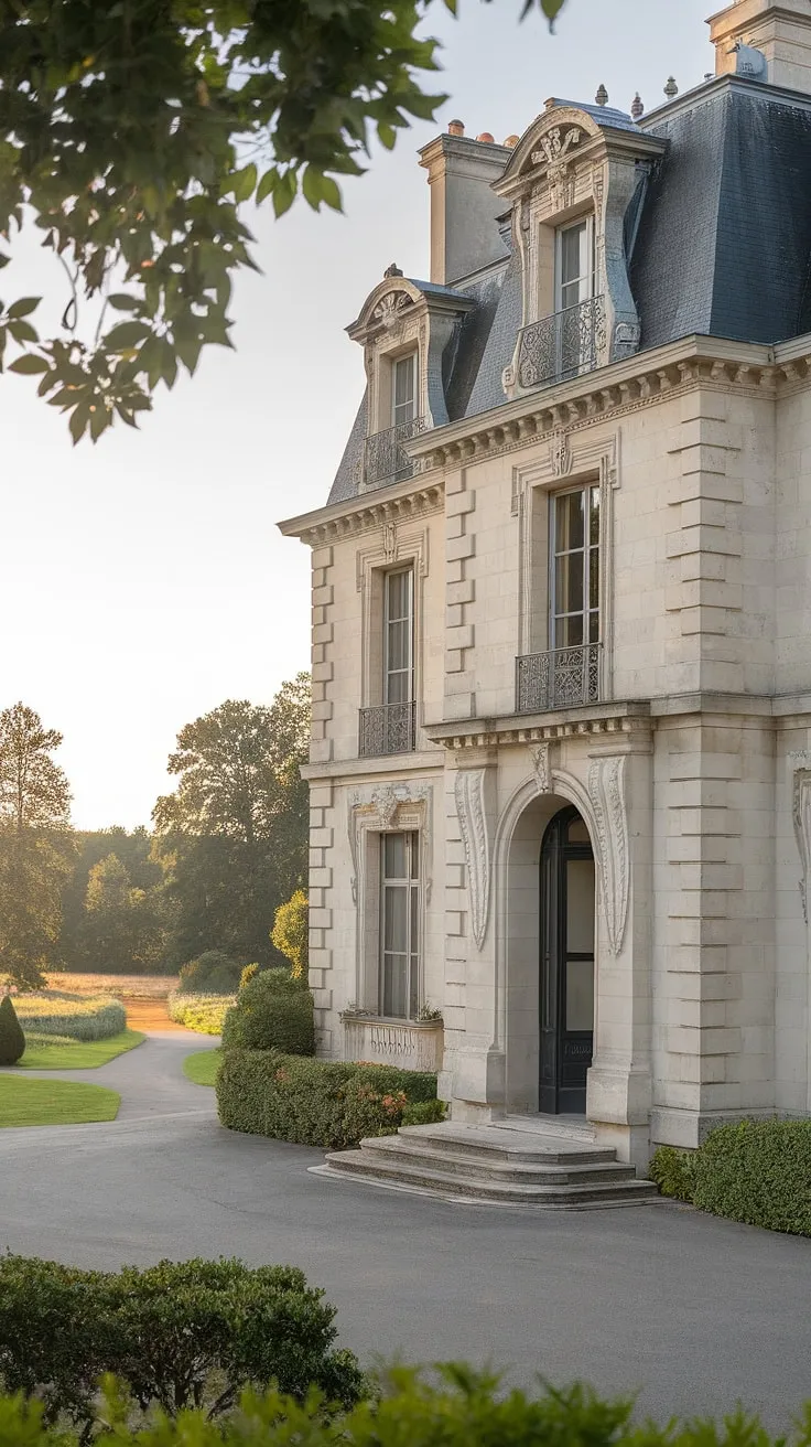 A grand French chateau, nestled in lush greenery, showcases exquisite stone carvings and a majestic entrance.
