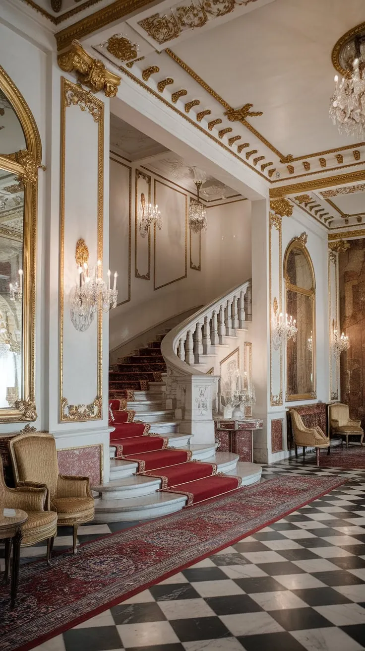 A breathtaking French mansion interior boasts a grand staircase, ornate gold accents, and checkered marble floors.