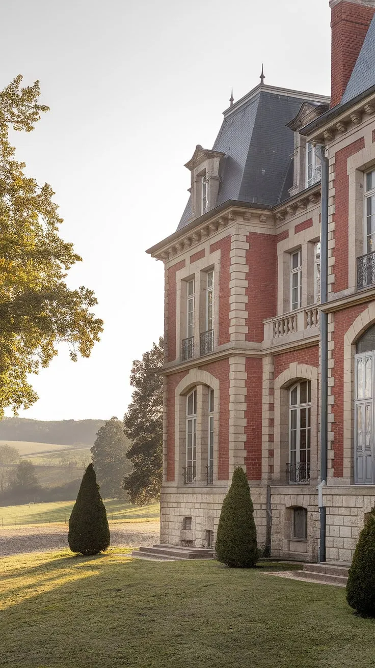 Elegant French chateau architecture commands attention with its red brick facade, arched details, and idyllic setting.