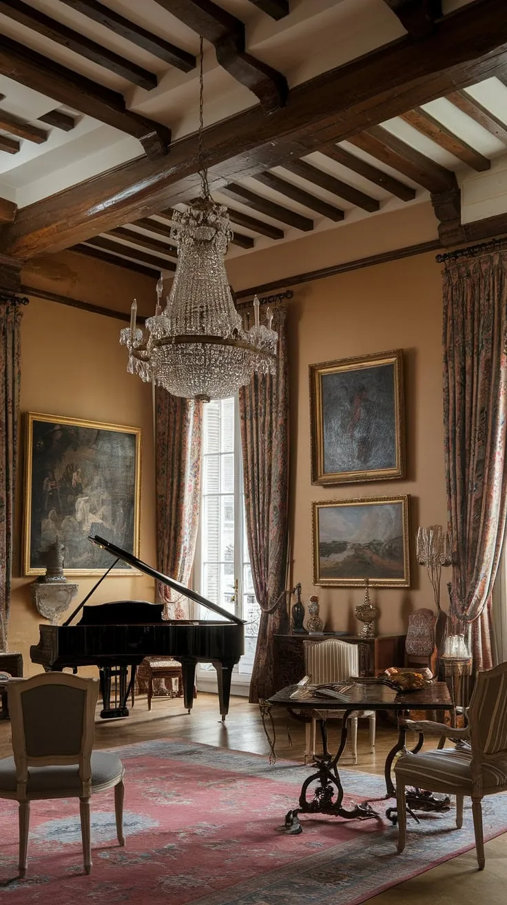 A plush rug and artwork complete the lavish atmosphere of this French mansion's exquisite room.