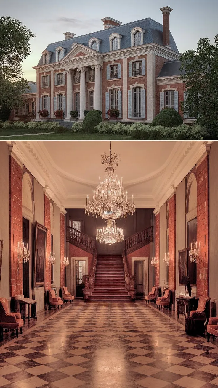 Elegant French architecture and opulent interiors define this luxurious mansion.