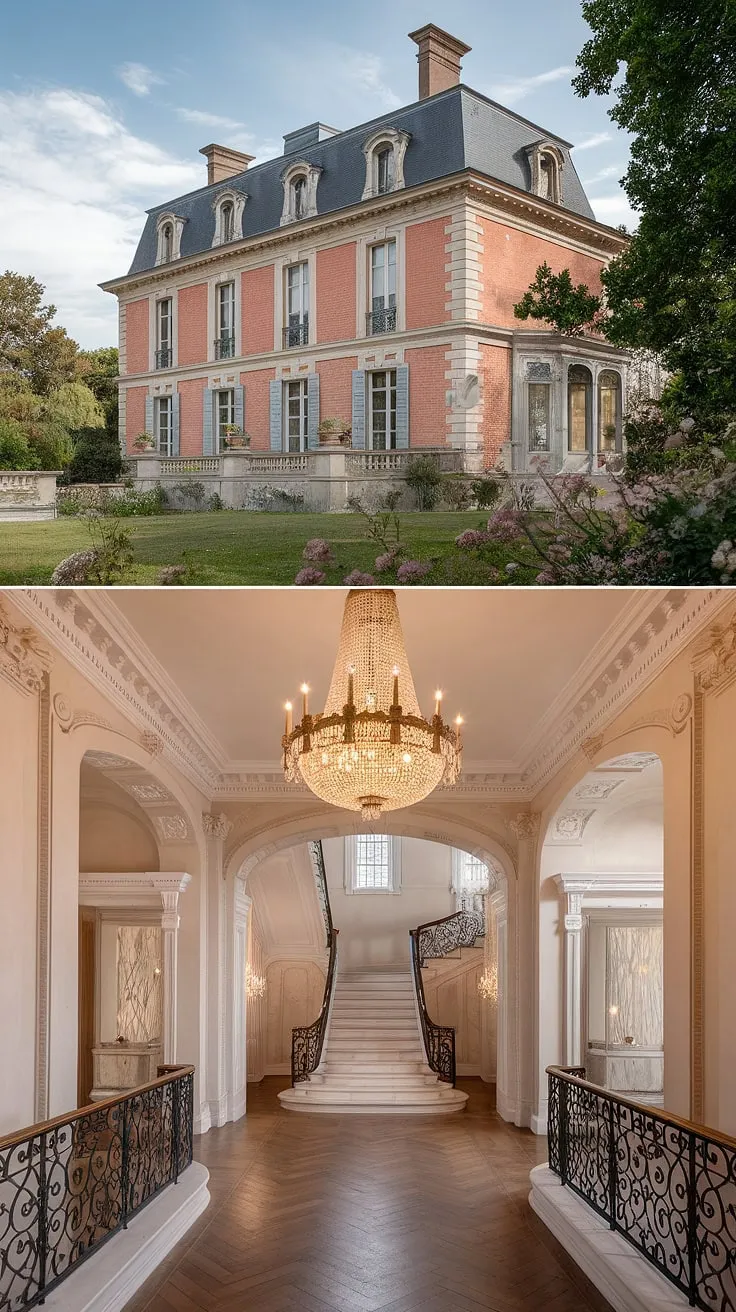 A luxurious French mansion boasts classic red brick architecture, ornate detailing, lush gardens, and a grand interior.