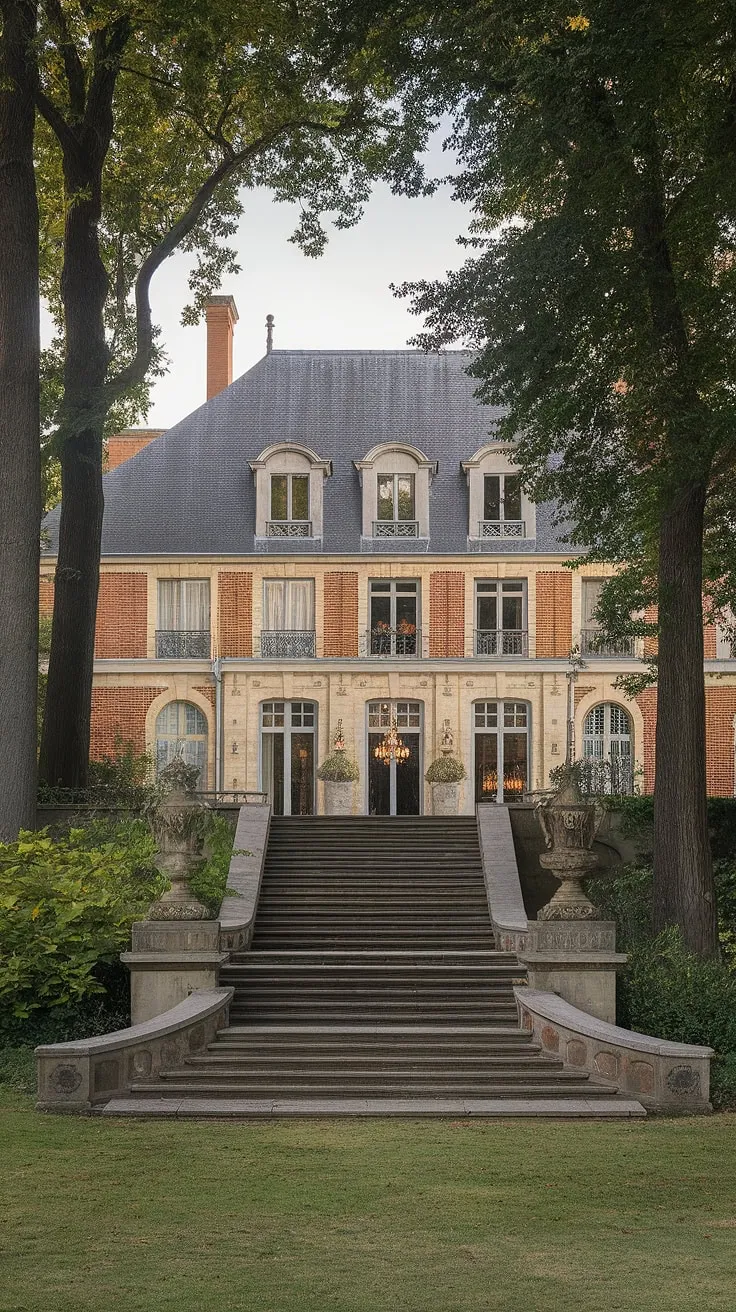 A grand French mansion's red brick exterior and lush gardens contrast beautifully with its opulent interior, showcasing a sweeping stone staircase and art-filled halls.