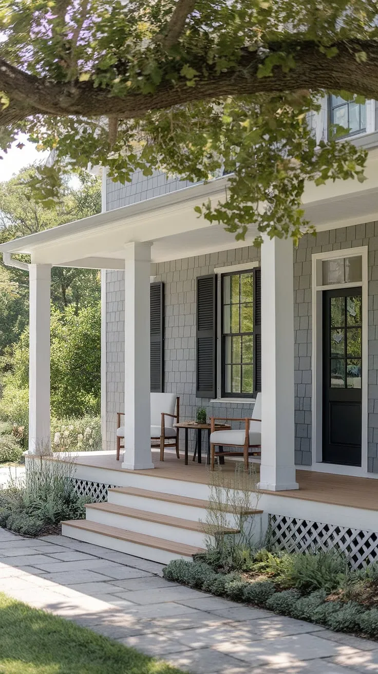 The perfect blend of modern and farmhouse charm.  This front cottage porch, with its elegant porch columns and thoughtful front porch design, is the heart of this modern farmhouse exterior.  Farmhouse front porches don't get much better than this.
