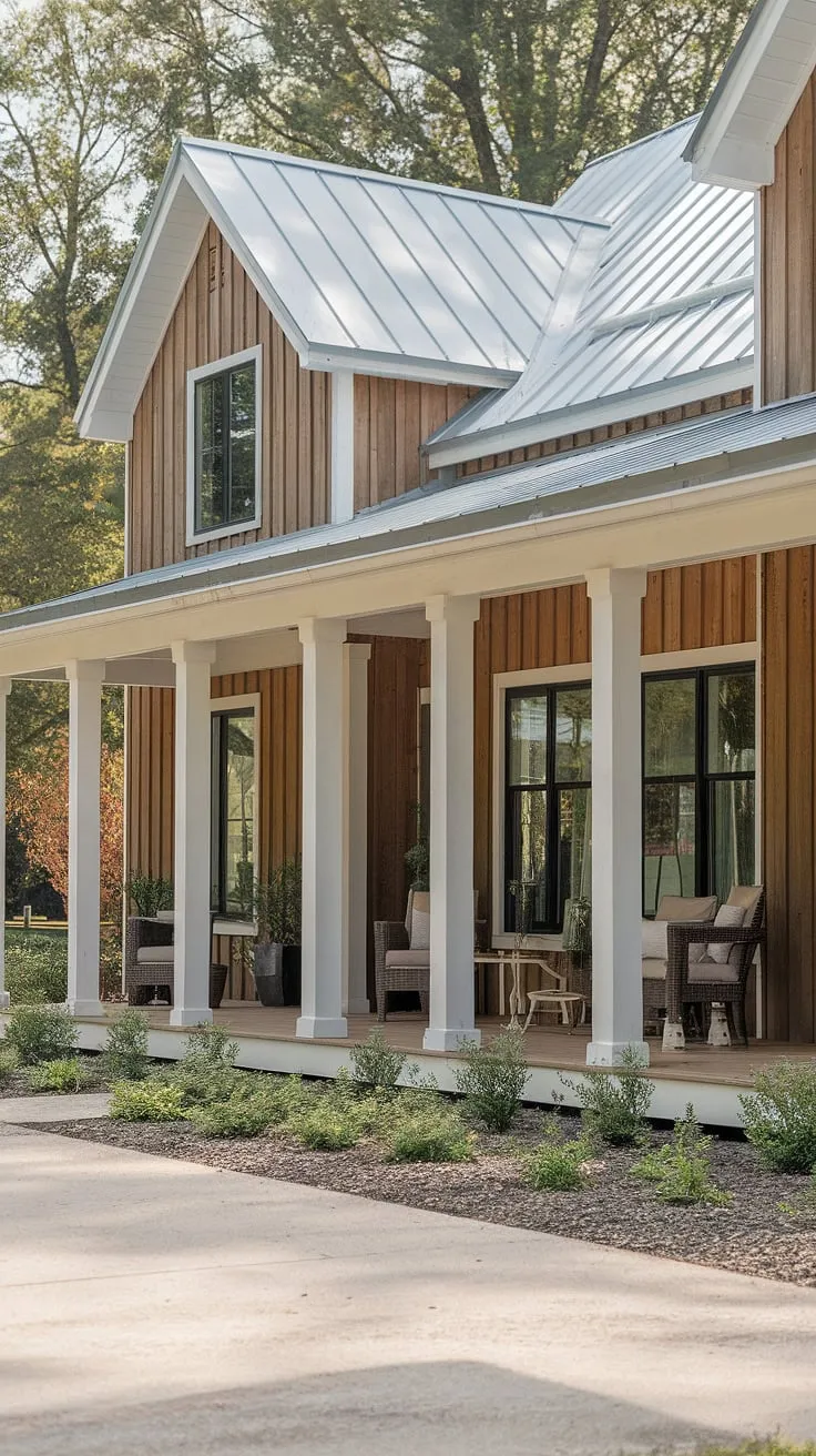 Dreamy farmhouse porch perfection! This modern farmhouse porch, complete with inviting seating and stately porch columns, exemplifies the charm of a farmhouse front porches. The front porch design is both stylish and functional, a true highlight of this modern farmhouse exterior.