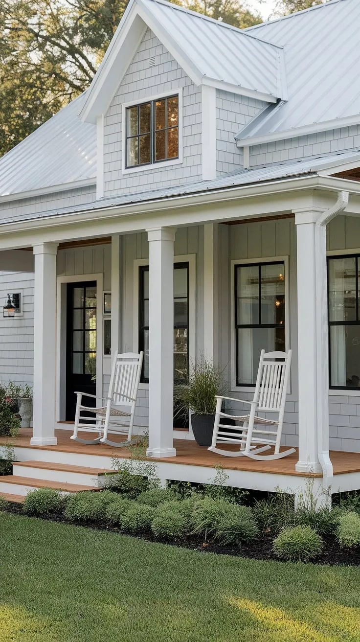 Dreamy farmhouse front porches don't get much better than this.  The house front porch, with its carefully chosen front porch design and stately porch columns, exemplifies the best of modern farmhouse style.  A perfect blend of modern farmhouse exterior and cozy cottage appeal.