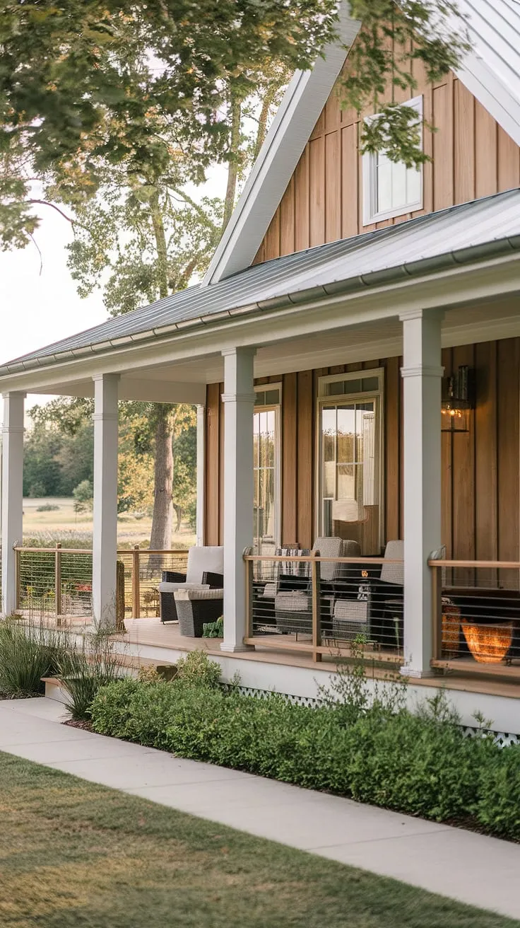 This modern farmhouse exterior boasts a stunning front cottage porch, complete with elegant porch columns and a front porch design that perfectly blends rustic charm with contemporary style.  The farmhouse front porches are the epitome of inviting curb appeal.