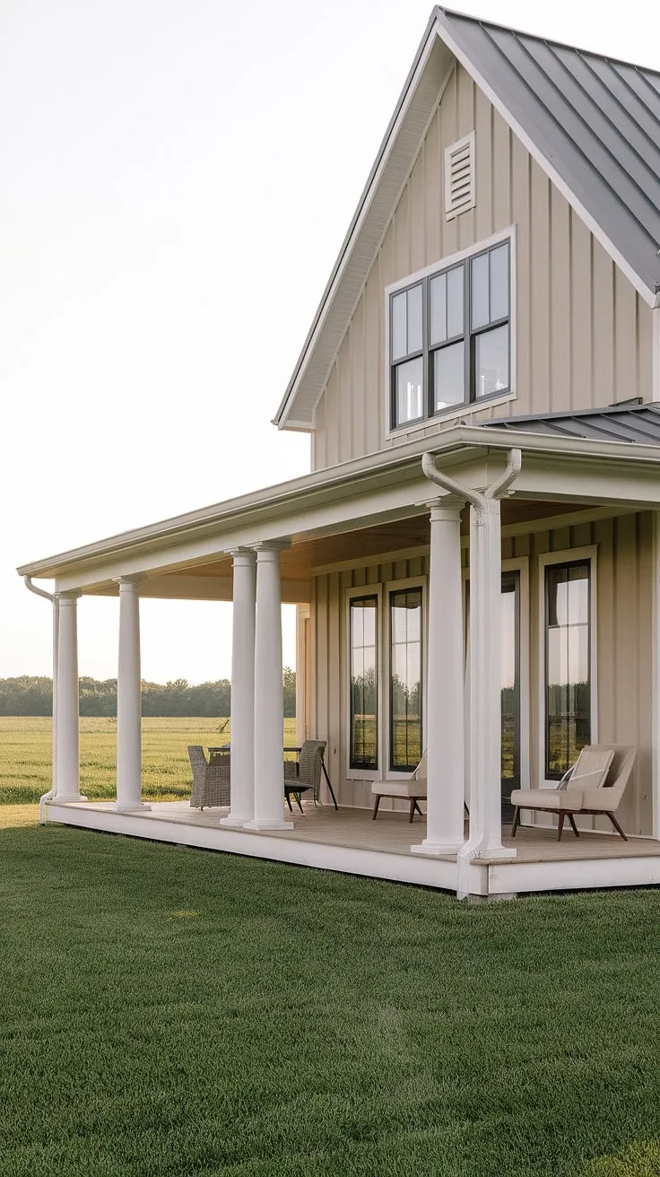 This modern farmhouse exterior boasts a stunning front cottage porch, complete with elegant porch columns and a front porch design that perfectly blends rustic charm with contemporary style.  The farmhouse front porches are the epitome of inviting curb appeal.
