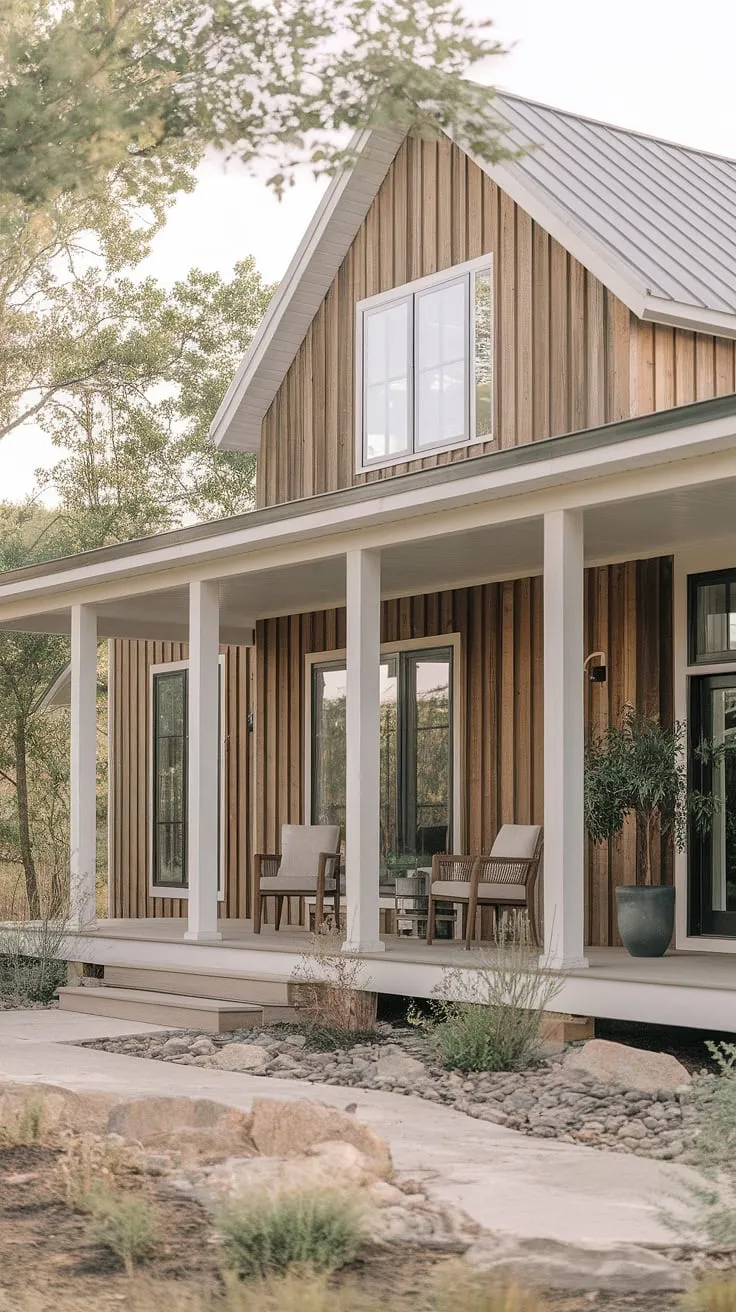 Dreamy farmhouse porch perfection. This modern farmhouse porch, complete with inviting porch columns and a charming front porch design, is the epitome of farmhouse front porches.  The serene modern farmhouse exterior and thoughtfully landscaped yard complete this idyllic house front porch scene.