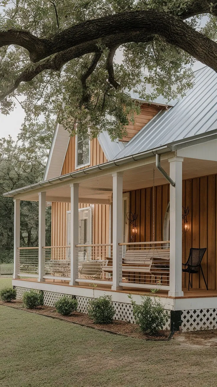 The modern farmhouse exterior is perfectly complemented by this inviting front cottage porch.  The elegant porch columns and thoughtful front porch design create a stunning farmhouse front porches aesthetic, making this house front porch the perfect spot to relax and enjoy the view.