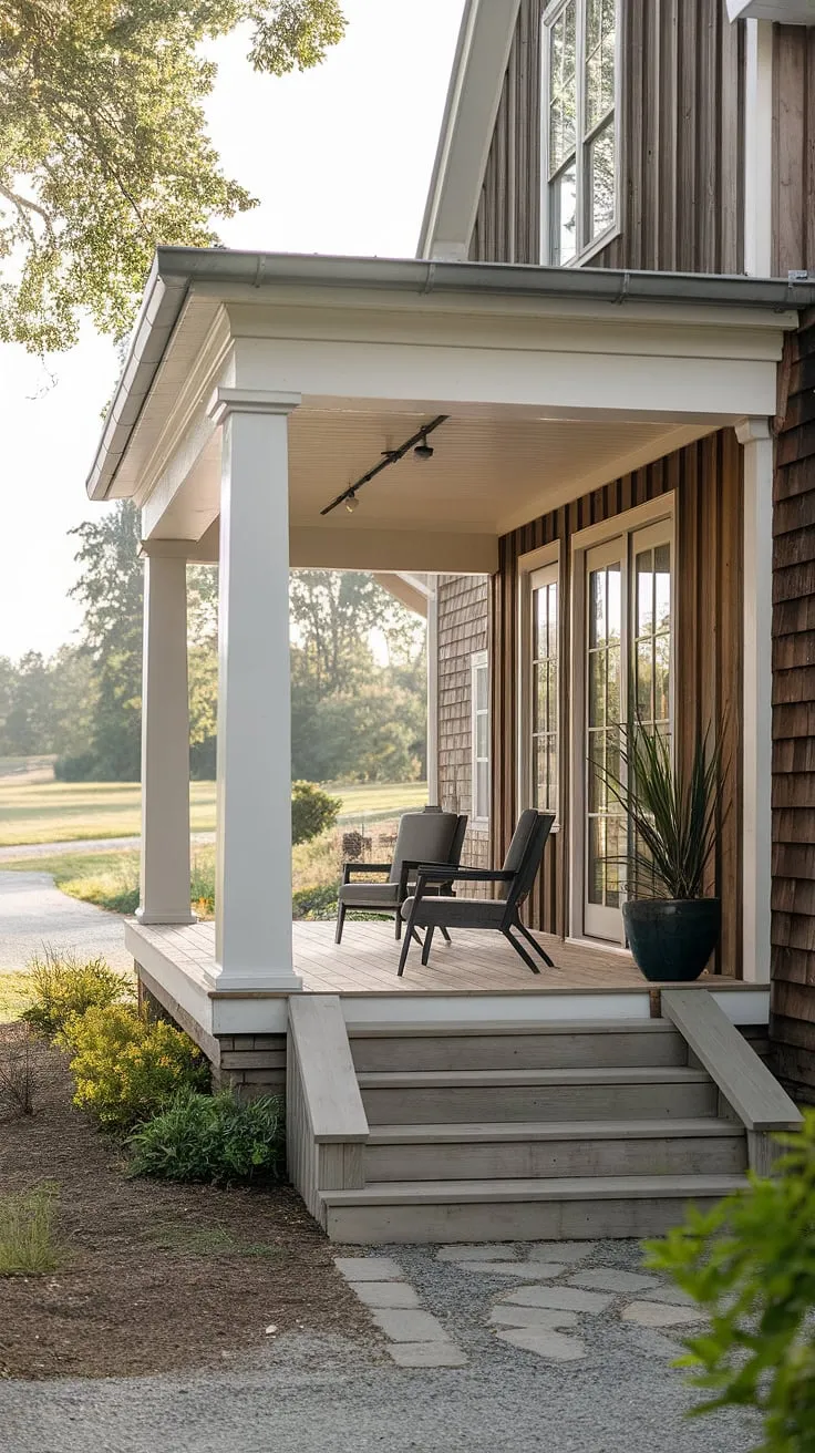 Dreamy farmhouse porch perfection! This house front porch, with its carefully considered front porch design and stately porch columns, exemplifies the best of modern farmhouse exterior style.  The farmhouse porch is the perfect spot to relax and enjoy the view.