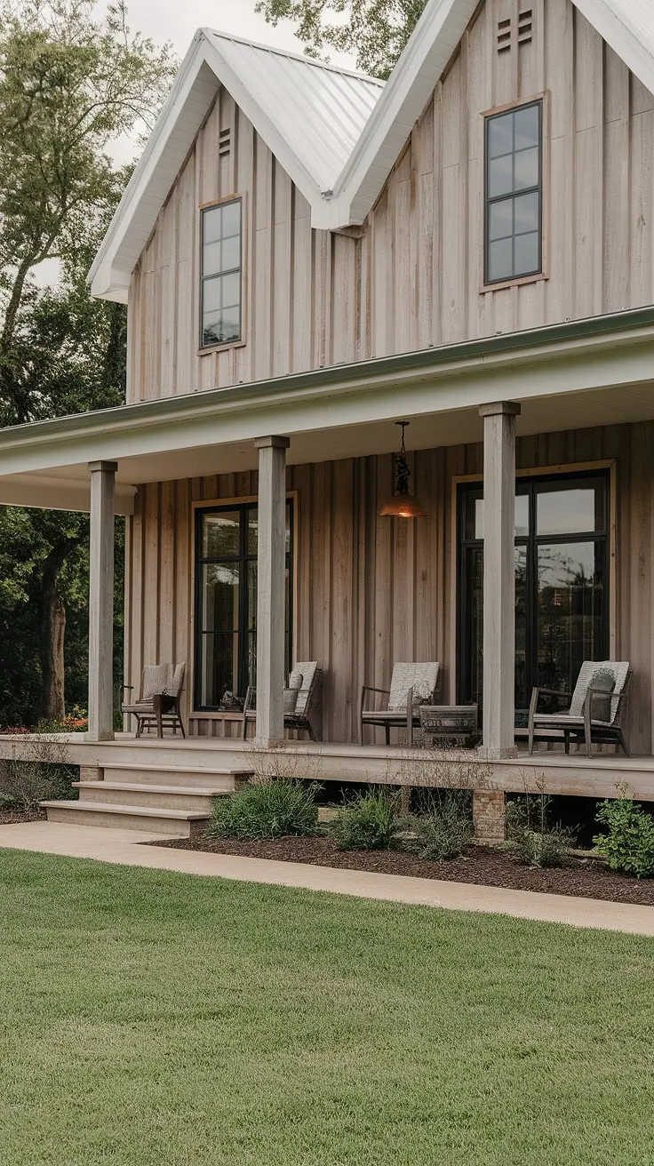 Dreamy farmhouse porch goals! This modern farmhouse porch, with its classic porch columns and inviting seating area, exemplifies the charm of farmhouse porch design.  The entire modern farmhouse exterior, including the house front porch, is a testament to sophisticated country living.