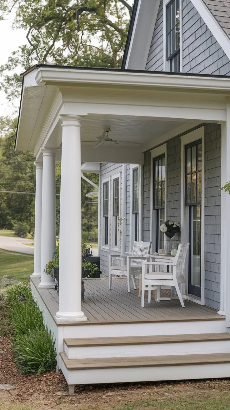 Dreamy farmhouse porch perfection! This modern farmhouse porch, with its charming cottage style and white porch columns, is the epitome of front porch design.  The spacious farmhouse front porches offer a tranquil escape, blending seamlessly with the modern farmhouse exterior.