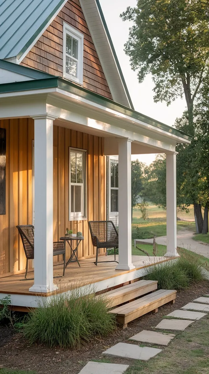 Step onto this farmhouse porch, a delightful blend of modern farmhouse porch style and classic cottage charm.  The inviting front cottage porch, complete with its graceful porch columns, offers a peaceful retreat. This modern farmhouse exterior and front porch design exemplify the beauty of farmhouse front porches.