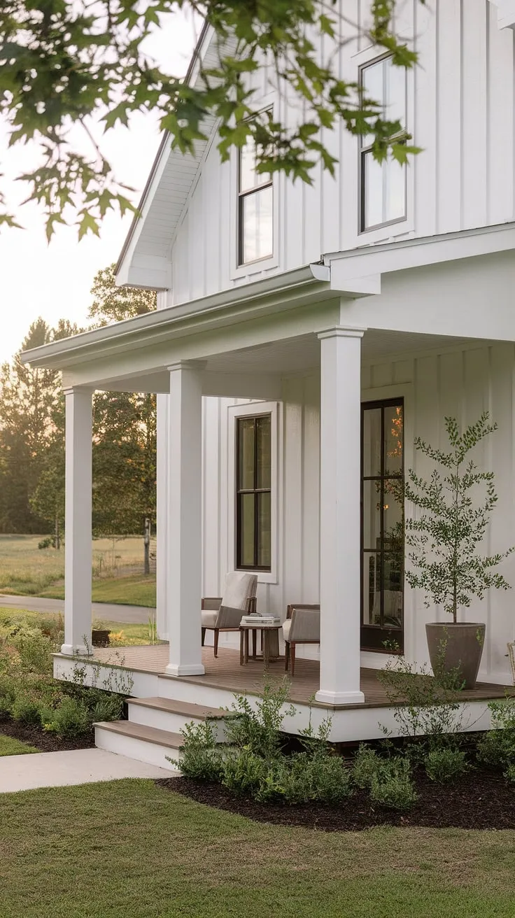 Dreamy farmhouse porch life starts here. This modern farmhouse porch, with its inviting porch columns and thoughtful front porch design, is the epitome of farmhouse porch style.  The modern farmhouse exterior and surrounding greenery create the ultimate escape on this house front porch.