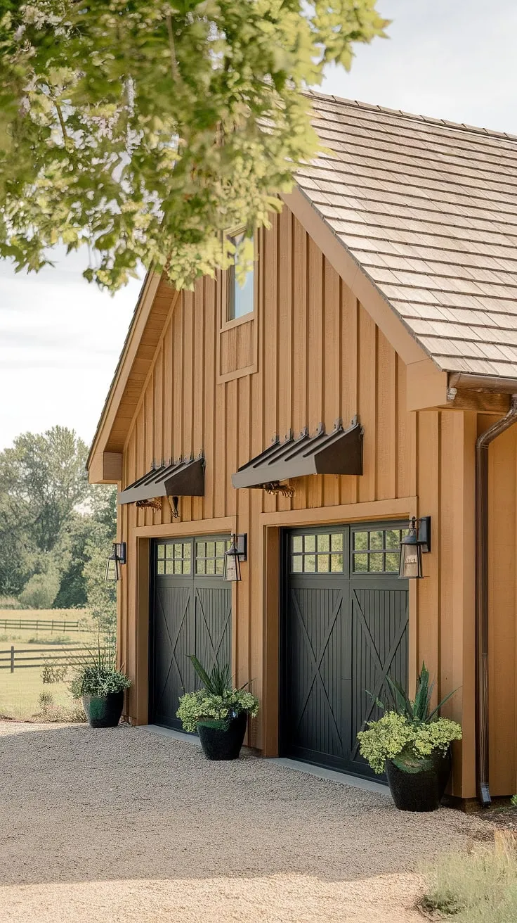 The warm beige tones of this farmhouse exterior design are beautifully offset by the sleek black garage doors.  The innovative garage door styles and design of the front garage add a modern twist to this stunning modern farmhouse exterior, creating a truly memorable home exterior designs.