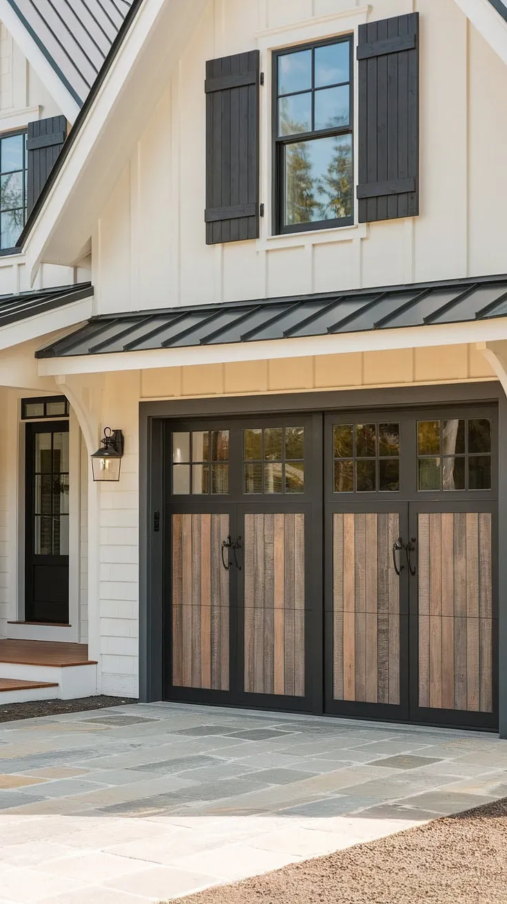This modern farmhouse exterior boasts a stunning front garage, showcasing unique garage door styles. The black garage doors, a blend of rustic wood paneling and sleek metal grid, perfectly complement the home's beige exterior and dark grey accents, creating a captivating garage door design.  This home exterior design is the epitome of modern farmhouse style.