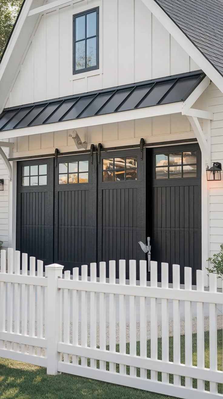The black garage doors of this front garage are the perfect statement piece for this modern farmhouse exterior.  The unique garage door styles and overall garage door design blend seamlessly with the farmhouse exterior design, showcasing a beautiful balance of rustic charm and contemporary elegance in home exterior designs.