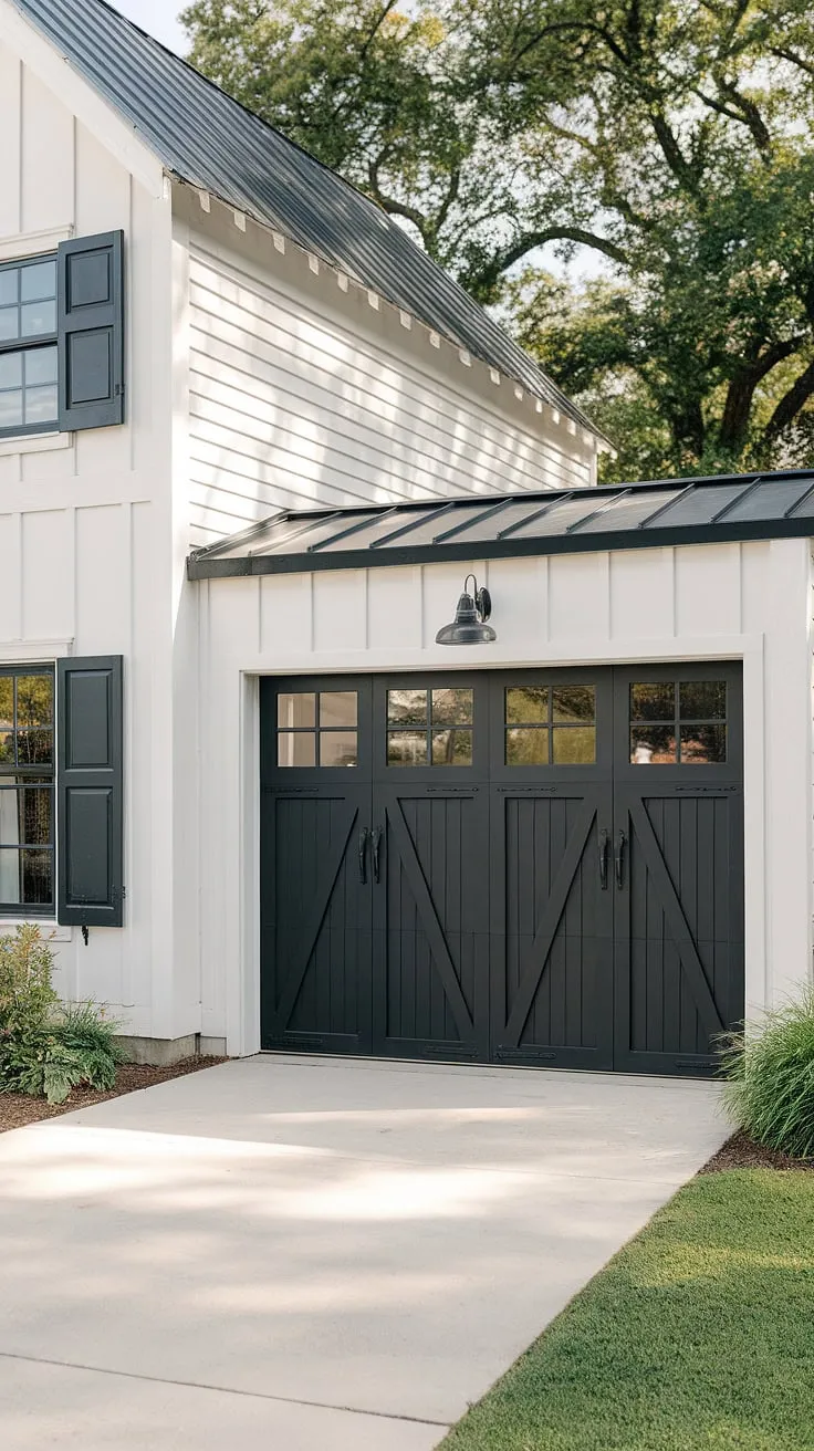 This modern farmhouse exterior boasts a striking front garage, showcasing sleek black garage doors with a stylish window detail.  The perfect blend of classic farmhouse charm and contemporary garage door styles elevates the entire home exterior designs.