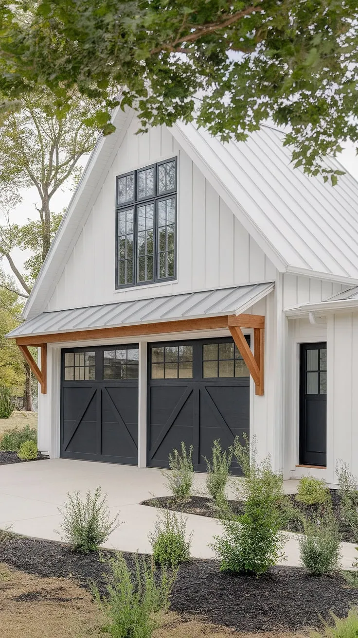 The black garage doors, with their eye-catching ribbed garage door design, are the focal point of this stunning front garage.  This modern farmhouse exterior showcases impeccable home exterior designs, blending classic farmhouse elements with sleek, modern lines.  The choice of garage door styles elevates the overall aesthetic of this beautiful farmhouse exterior design.