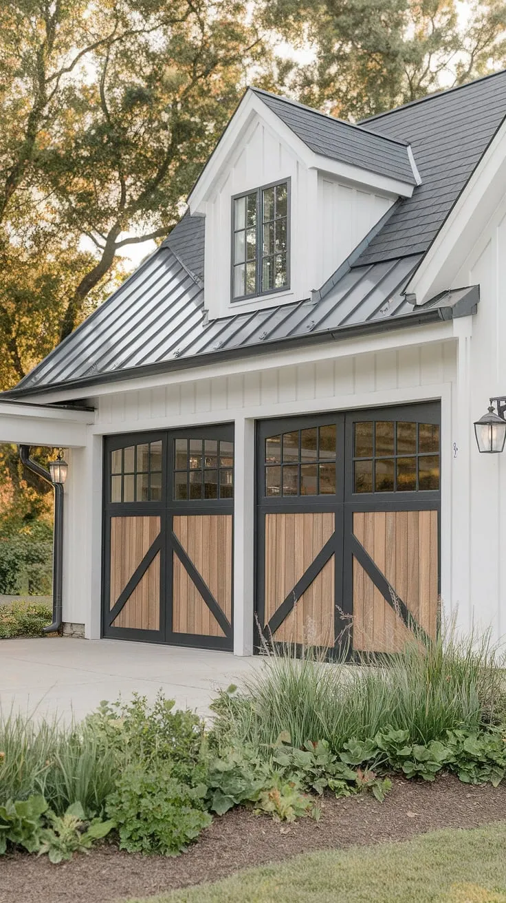 This modern farmhouse exterior boasts a stunning front garage, showcasing unique garage door styles. The black garage doors, a blend of wood and metal, exemplify exceptional garage door design, perfectly complementing the home exterior designs.  The covered walkway adds a touch of elegance to this idyllic setting.
