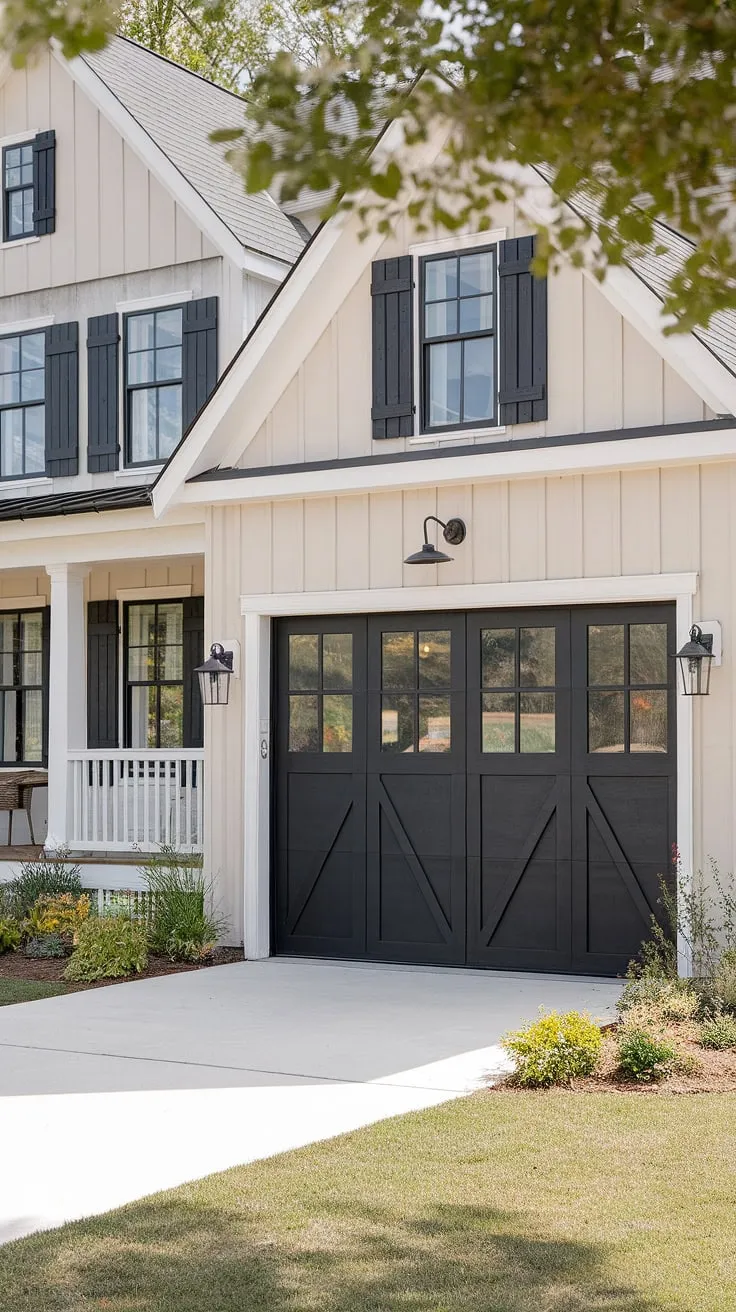 This modern farmhouse exterior boasts a stunning front garage, showcasing unique garage door styles with black garage doors and a striking glass panel.  The garage door design perfectly complements the home exterior designs, creating a sophisticated and inviting curb appeal.