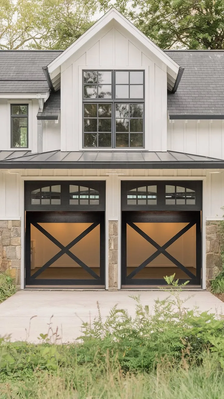 This modern farmhouse exterior boasts stunning curb appeal, thanks to its unique garage door design.  The black garage doors, showcasing a striking double-X pattern, are a perfect example of innovative garage door styles that elevate the overall farmhouse exterior design.  The spacious front garage perfectly complements the home exterior designs, creating a welcoming and stylish entrance.