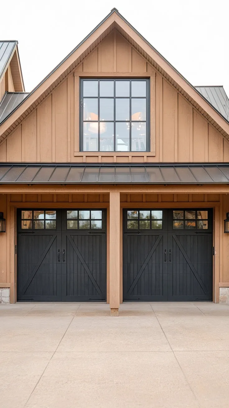 This modern farmhouse exterior boasts a stunning front garage, showcasing a unique blend of traditional and modern garage door styles. The black garage doors, accented by a central window, perfectly complement the warm, earthy home exterior designs, creating a captivating farmhouse exterior design.