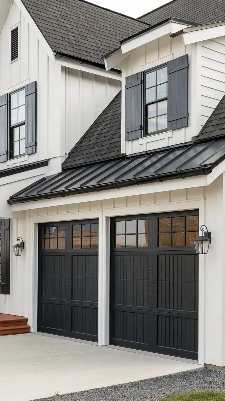 This modern farmhouse exterior boasts a striking front garage, featuring classic raised panel black garage doors.  The garage door design perfectly complements the home exterior designs, showcasing a sophisticated blend of farmhouse exterior design and contemporary style.