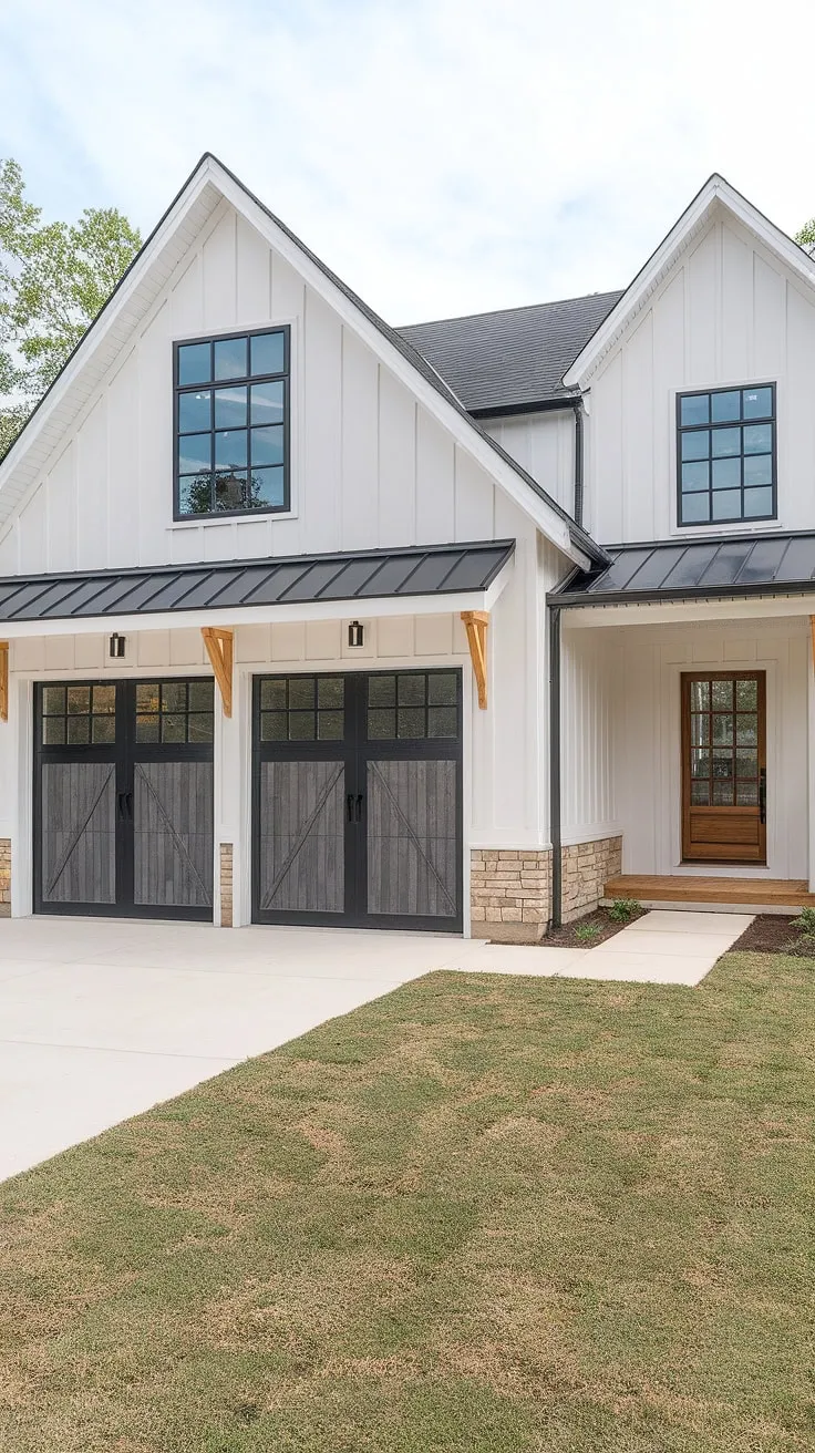 This modern farmhouse exterior boasts a stunning front garage, showcasing sleek black garage doors with a textured design that perfectly complements the home's farmhouse exterior design.  The thoughtful garage door styles and garage door design elevate the overall home exterior designs to a new level of sophistication.