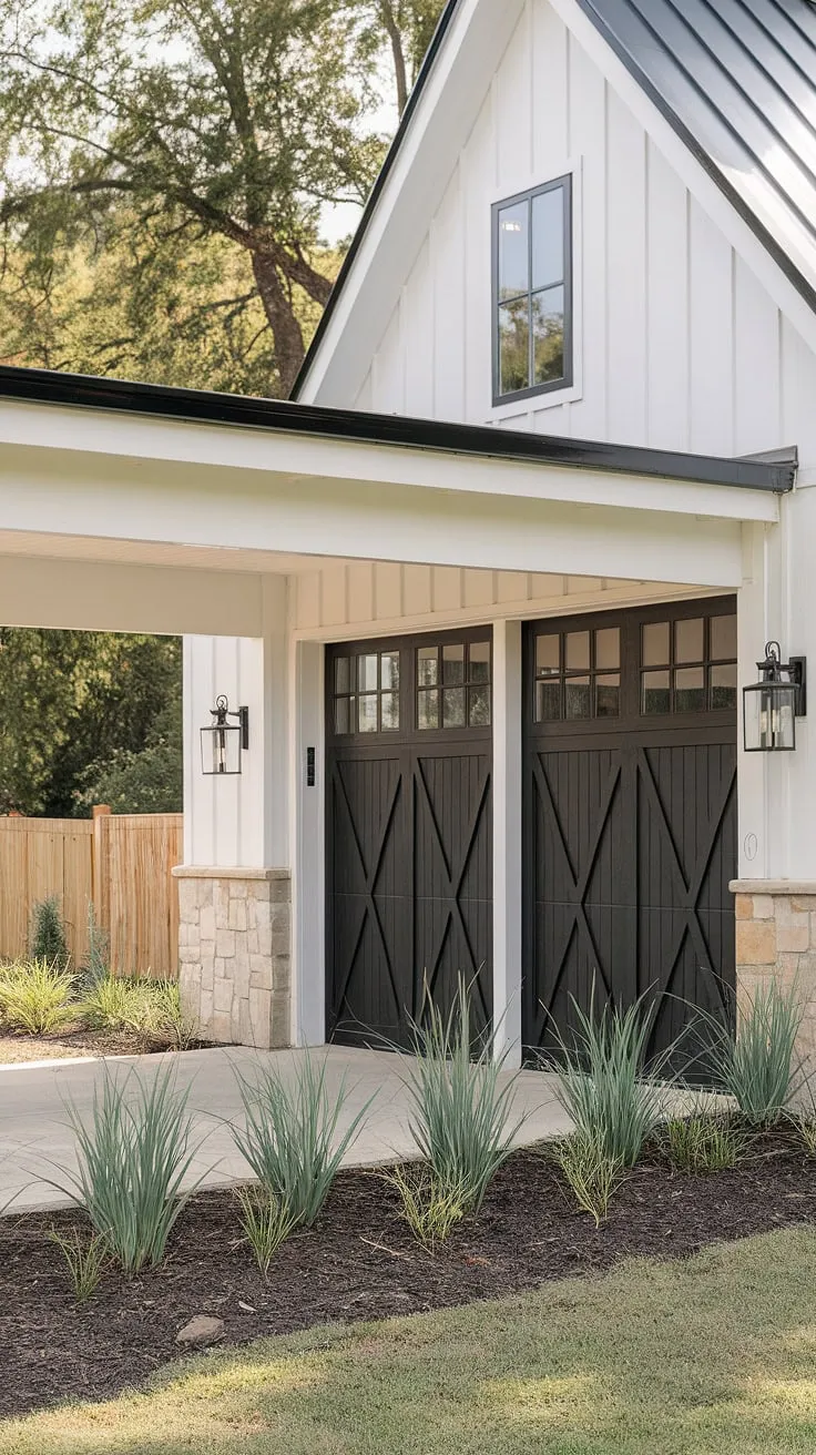This modern farmhouse exterior boasts a stunning front garage, showcasing unique black garage doors that perfectly complement the home's farmhouse exterior design.  The thoughtful garage door design and overall home exterior designs create a captivating blend of modern and rustic charm.  Note the striking garage door styles and the stone foundation.