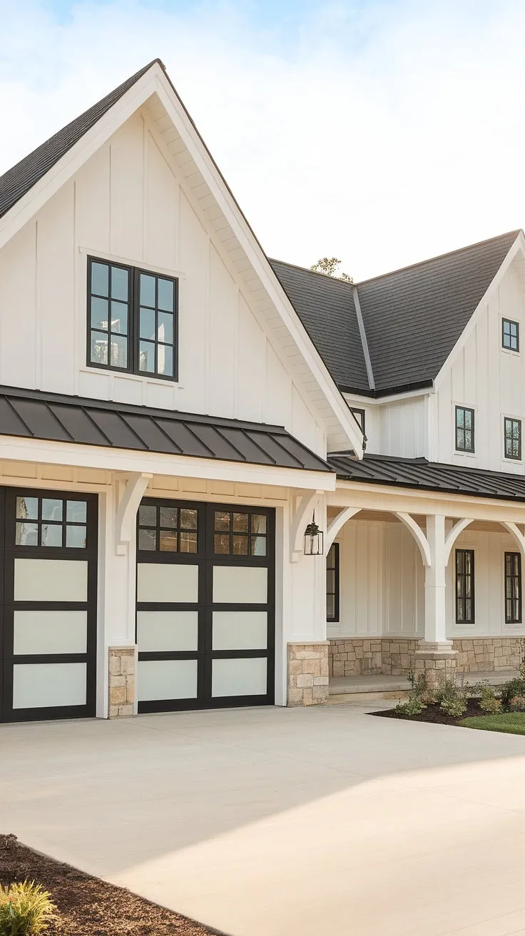 This modern farmhouse exterior boasts a stunning front garage, showcasing sleek black garage doors with a stylish window detail.  The thoughtful garage door design complements the overall farmhouse exterior design, creating a cohesive and inviting home exterior.  The choice of garage door styles perfectly reflects the blend of modern and rustic elements in this beautiful home.