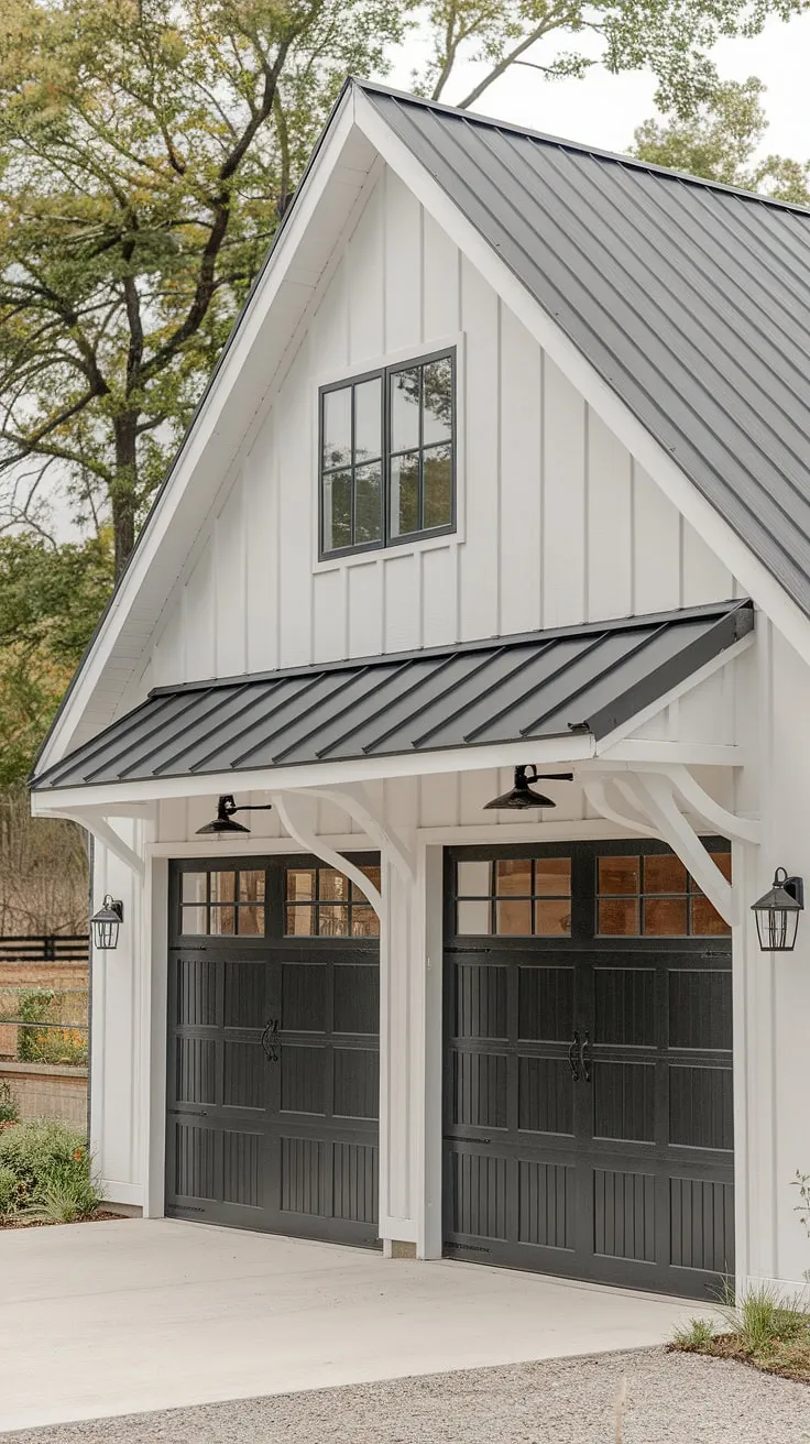 This modern farmhouse exterior boasts a striking front garage, showcasing sleek black garage doors that perfectly complement the home's sophisticated garage door design.  The overall farmhouse exterior design and choice of garage door styles create a stunning curb appeal, reflecting the latest trends in home exterior designs.