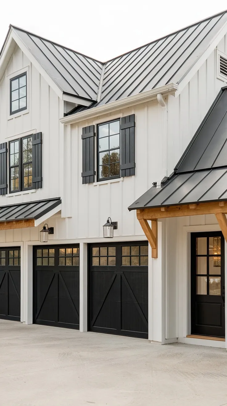 The black garage doors of this attached front garage are a showstopper, highlighting the impeccable garage door design and complementing the modern farmhouse exterior.  This home's exterior exemplifies the best in farmhouse exterior design and offers inspiration for your own home exterior designs.
